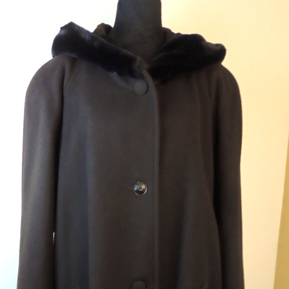 Vintage 70s Albert Nipon Wool‎ Hooded Faux Fur Trimm Women's Plus Size Coat